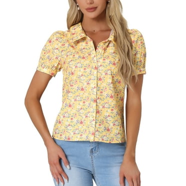 INSPIRE CHIC Women's Puff Sleeves Turndown Collar Button Down Floral Blouse M Yellow