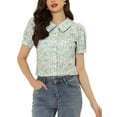 thumbnail image 1 of INSPIRE CHIC Women's Button Down Blouse Puff Short Sleeve Turndown Collar Floral Cotton Top S Blues, 1 of 6