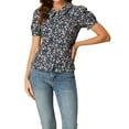 thumbnail image 1 of INSPIRE CHIC Women's Button Down Blouse Puff Short Sleeve Turndown Collar Floral Cotton Top S Dark Blue, 1 of 7