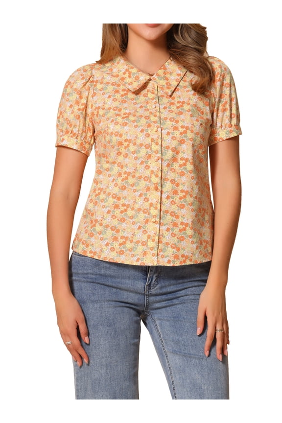 Women's Button Down Blouse Puff Short Sleeve Turndown Collar Floral Cotton Top S Orange