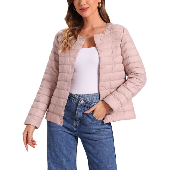 INSPIRE CHIC Women's Puffer Jacket Lightweight Button Down Packable Long Sleeve Coat XS Pink
