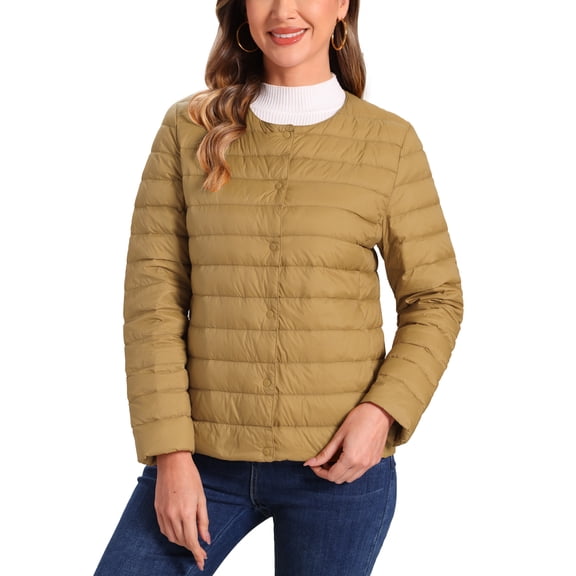 INSPIRE CHIC Women's Puffer Jacket Lightweight Button Down Packable Long Sleeve Coat XS Brown