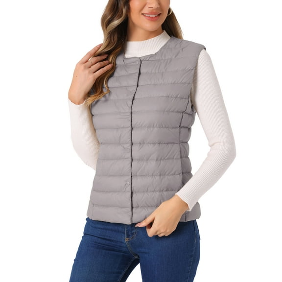 INSPIRE CHIC Women's Puffer Vest Sleeveless Lightweight Button Up Quilted Round Neck Jacket Coats