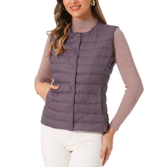 INSPIRE CHIC Women's Puffer Vest Sleeveless Lightweight Button Up Quilted Round Neck Jacket Coats