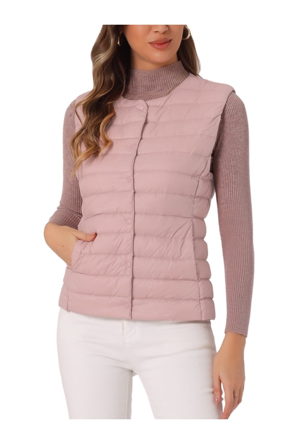 Women's Puffer Vest Sleeveless Lightweight Button Up Quilted Round Neck Jacket Coats
