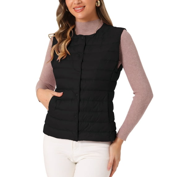 INSPIRE CHIC Women's Puffer Vest Sleeveless Lightweight Button Up Quilted Round Neck Jacket Coats