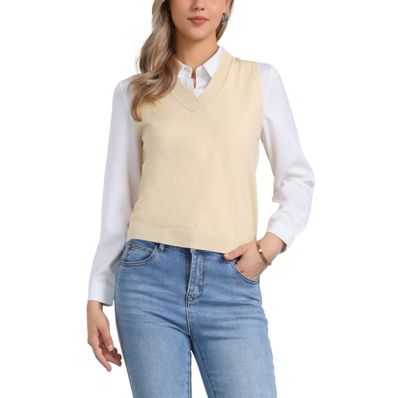 INSPIRE CHIC Women's Pullover Knit Sweaters Solid Color V Neck Sleeveless Sweater Vests XS Beige