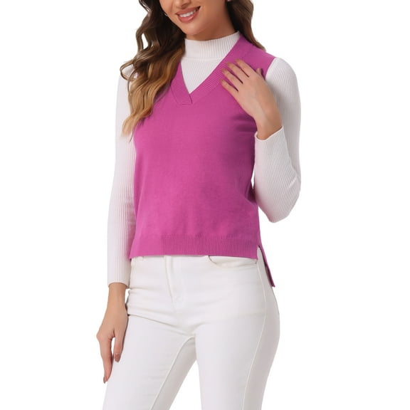 INSPIRE CHIC Women's Pullover Knit Sweaters Solid Color V Neck Sleeveless Sweater Vests XS Hot Pink