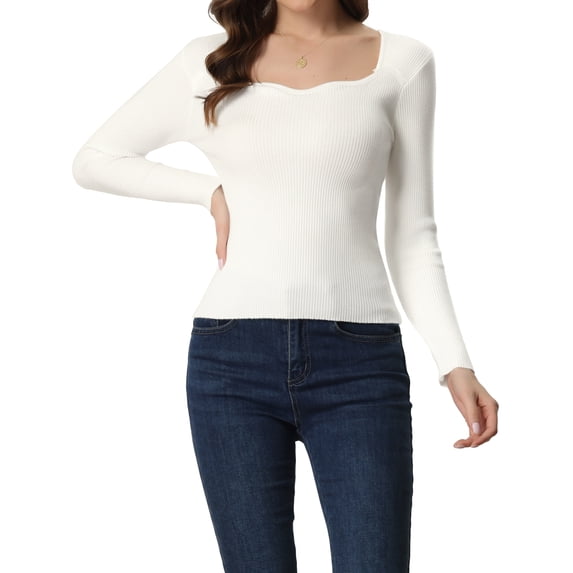 INSPIRE CHIC Women's Pullover Sweater Slim Fit Long Sleeve Sweetheart Neck Knit Sweaters XS White