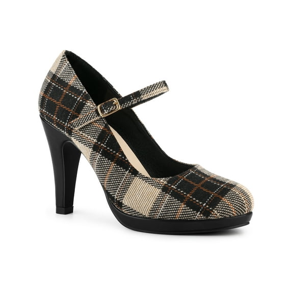 BLISSFUL STEP Women's Pump Plaid Platform Stiletto Heels Pumps Black Brown 7