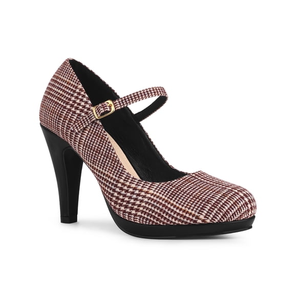 BLISSFUL STEP Women's Pump Plaid Platform Stiletto Heels Pumps Burgundy 9.5