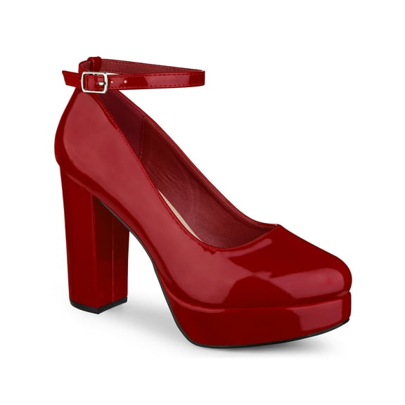 BLISSFUL STEP Women's Block Heel Pumps Platform Ankle Strap Round Toe Heel Red 9