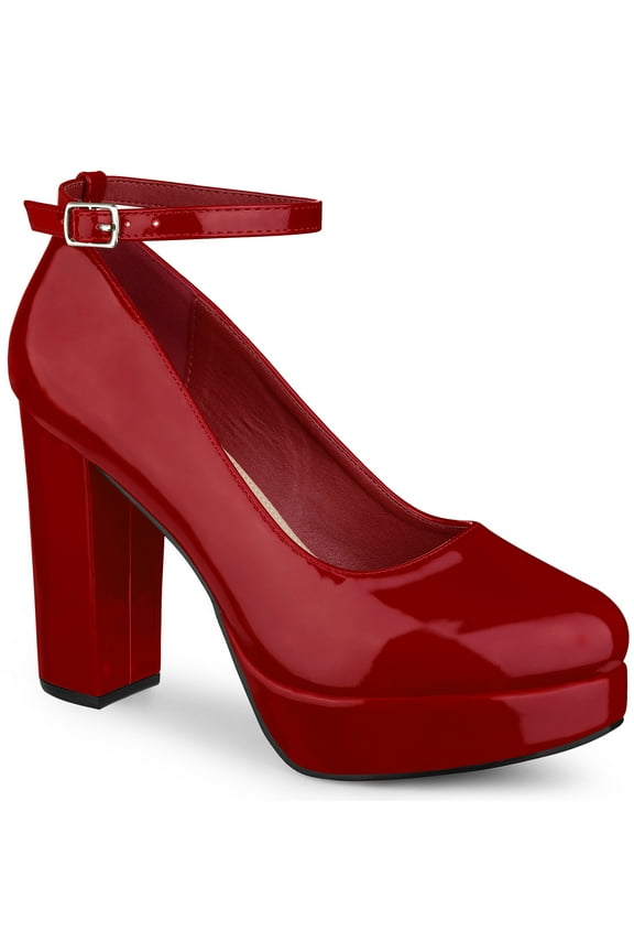 Women's Block Heel Pumps Platform Ankle Strap Round Toe Heel Red 9