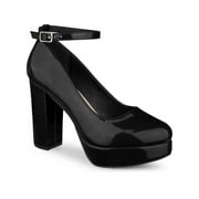 BLISSFUL STEP Women's Block Heel Pumps Platform Ankle Strap Round Toe Heel Black 8