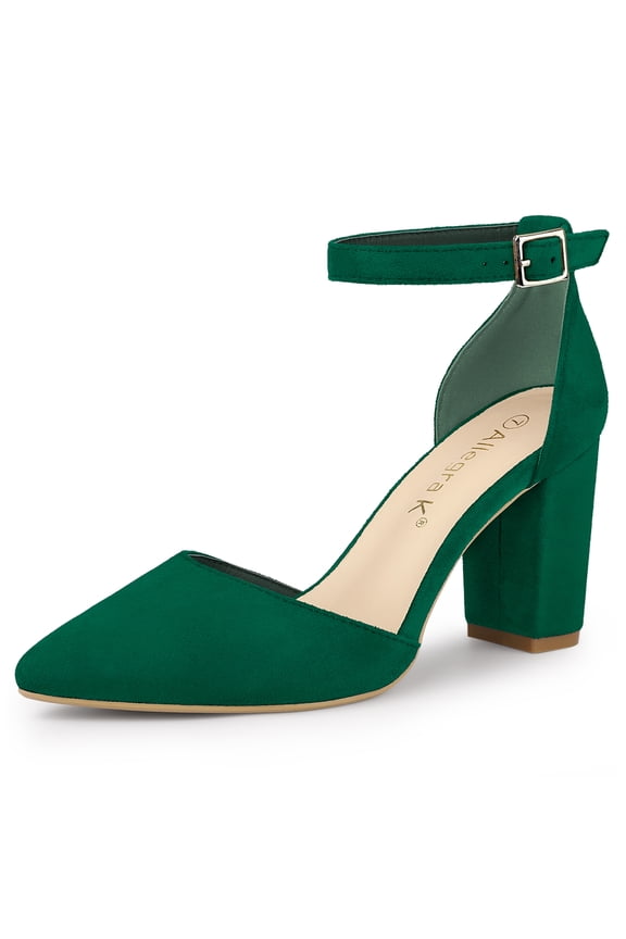 Women's Ankle Strap Pumps Pointed Toe High Block Heel Faux Suede Dress Shoes Dark Green 8.5