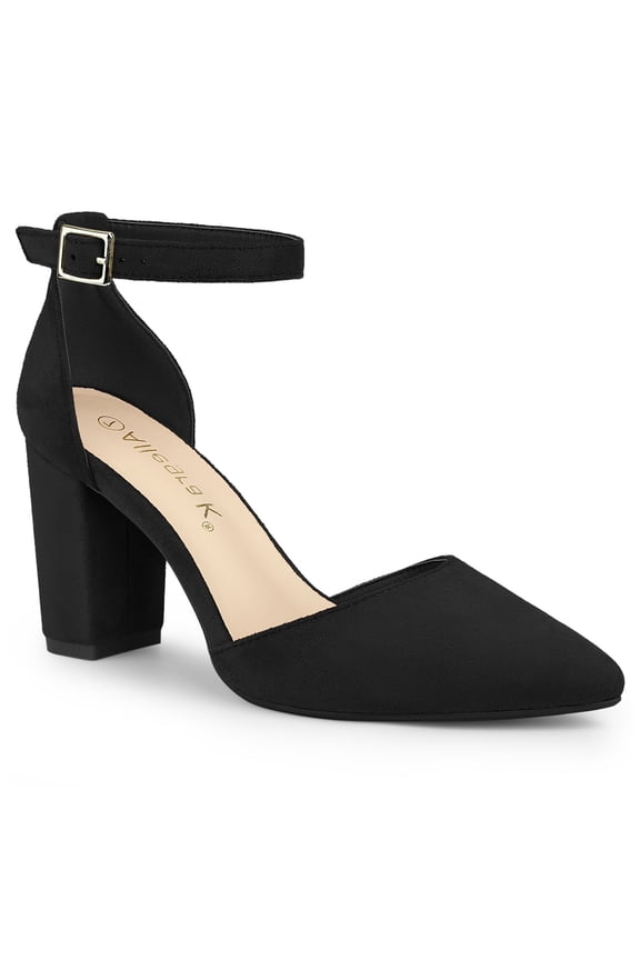 Women's Ankle Strap Pumps Pointed Toe High Block Heel Faux Suede Dress Shoes Black 7.5