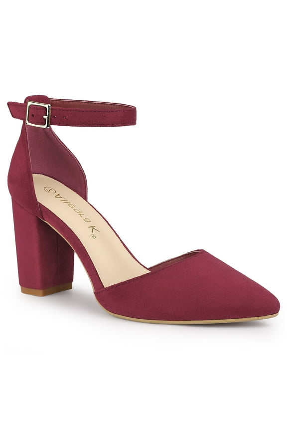 Women's Ankle Strap Pumps Pointed Toe High Block Heel Faux Suede Dress Shoes Burgundy 8.5