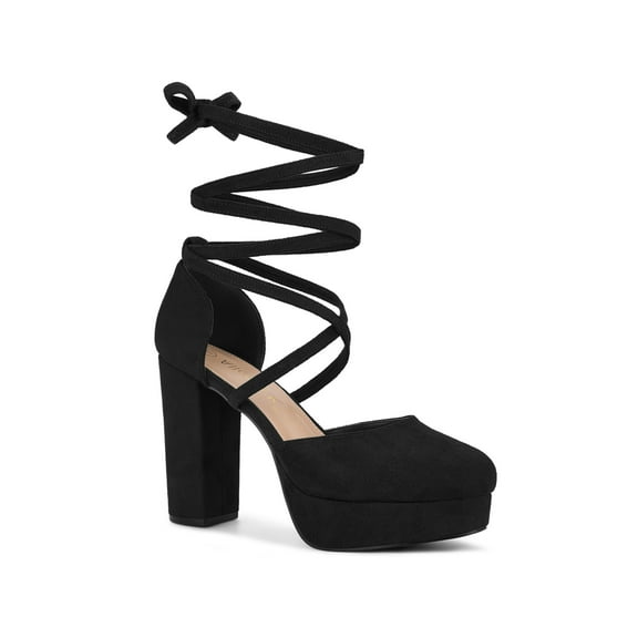 BLISSFUL STEP Women's Pumps Block Heels Platform Strappy Lace up Pumps Black 7