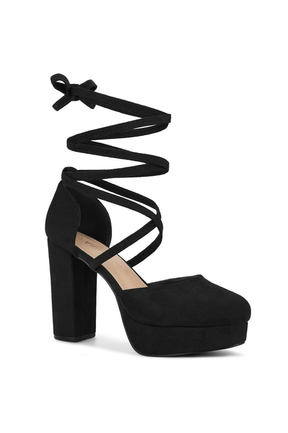 Women's Pumps Block Heels Platform Strappy Lace up Pumps Black 9