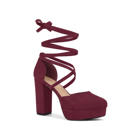 BLISSFUL STEP Women's Pumps Block Heels Platform Strappy Lace up Pumps Burgundy 10