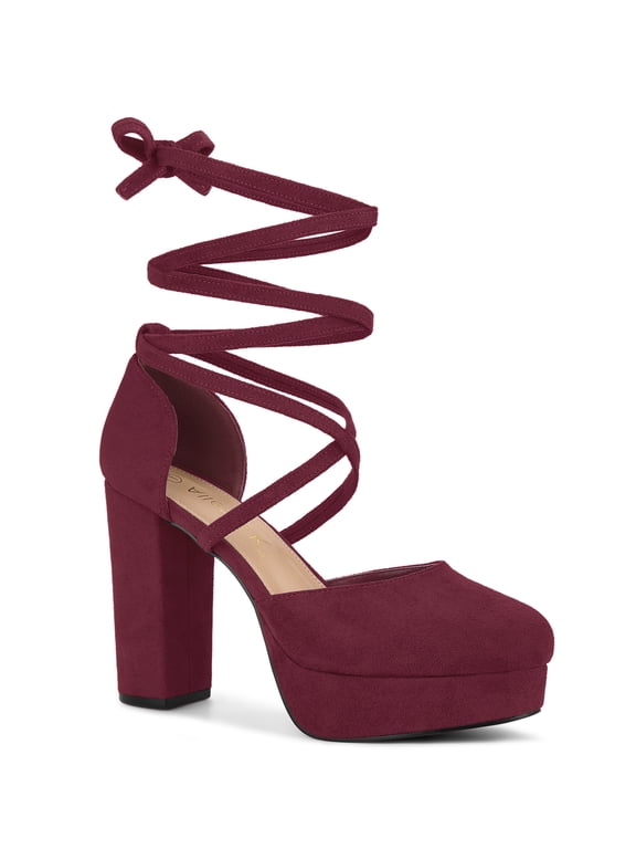 Women's Pumps Block Heels Platform Strappy Lace up Pumps Burgundy 7