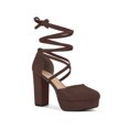thumbnail image 1 of BLISSFUL STEP Women's Pumps Block Heels Platform Strappy Lace up Pumps Coffee 8, 1 of 8