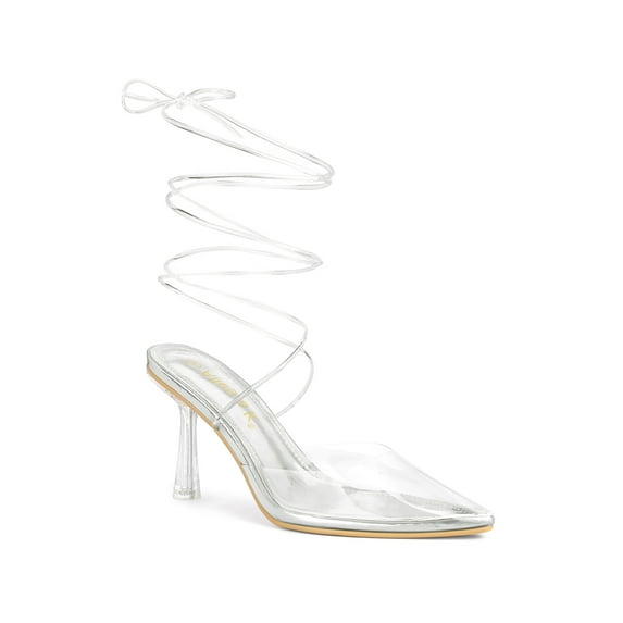 BLISSFUL STEP Women's Pumps Stiletto Heels Lace up Clear Heel Pumps Silver 7