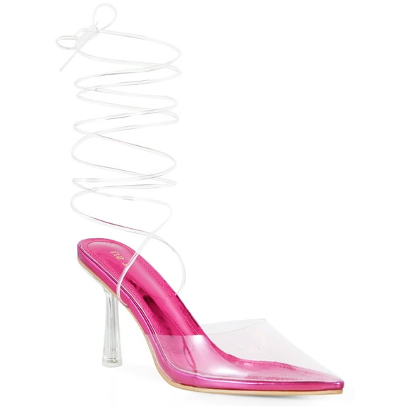 BLISSFUL STEP Women's Pumps Stiletto Heels Lace up Clear Heel Pumps Hot Pink 6