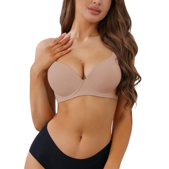 INSPIRE CHIC Women's Push-Up Minimizers Bra Adjustable Straps Solid Underwired Bra 36C Beige