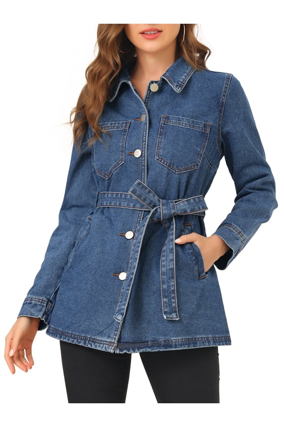 Women's Jean Jackets Long Sleeves Tie Waist Button Down Casual Denim Jacket L Medium Blue