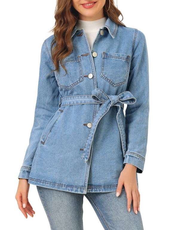 Women's Jean Jackets Long Sleeves Tie Waist Button Down Casual Denim Jacket XS Blue
