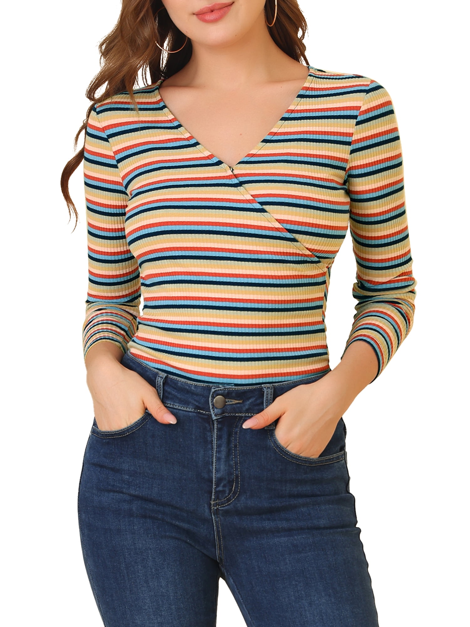 Allegra K Women's Rainbow Striped Long Sleeve V Neck Knitted Wrap T-Shirt