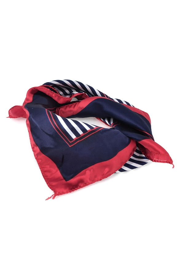 Women's Stripe Pattern Contrast Color Red Hem Blue White Neck Scarf Blue