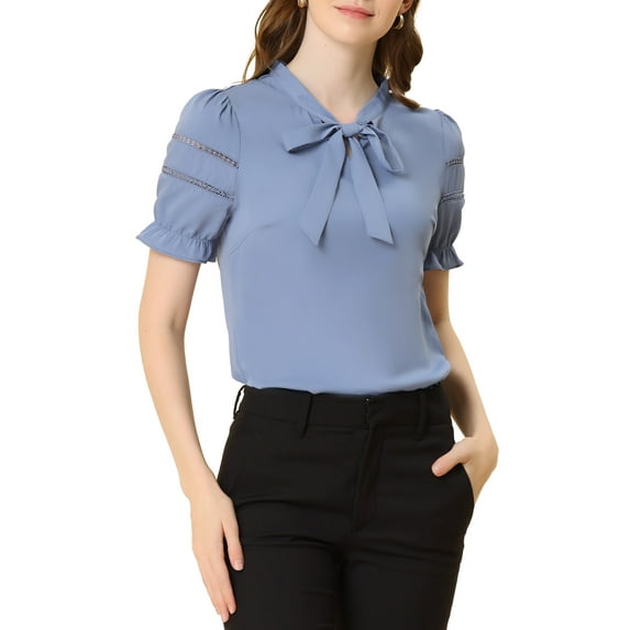 INSPIRE CHIC Women's Relax Ruffle Cuff Short Sleeve Blouse Bow Tie Collar Blouse