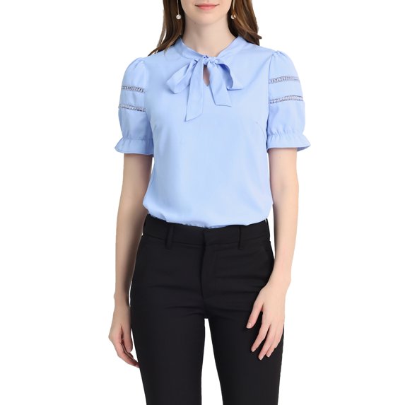 Allegra K Women's Relax Ruffle Cuff Short Sleeve Blouse Bow Tie Collar Blouse
