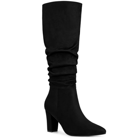 BLISSFUL STEP Women's Boots Pointed Toe Block Heel Knee High Boots Black 8