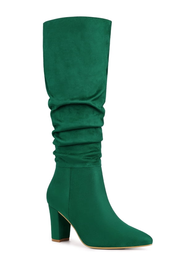 Women's Boots Pointed Toe Block Heel Knee High Boots Green 8