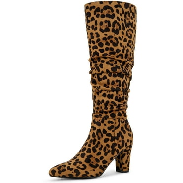 Allegra K Women's Relaxed Pointed Toe Block Heel Knee High Boots Leopard 7