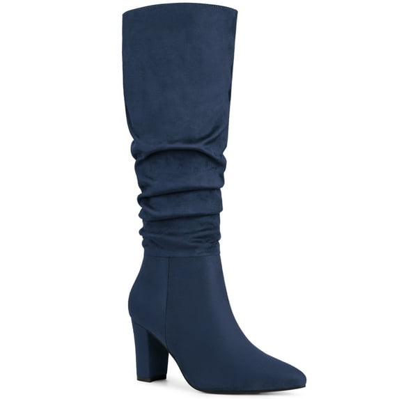 BLISSFUL STEP Valentine's Women's Boots Pointed Toe Block Heel Knee High Boots Navy Blue 9.5