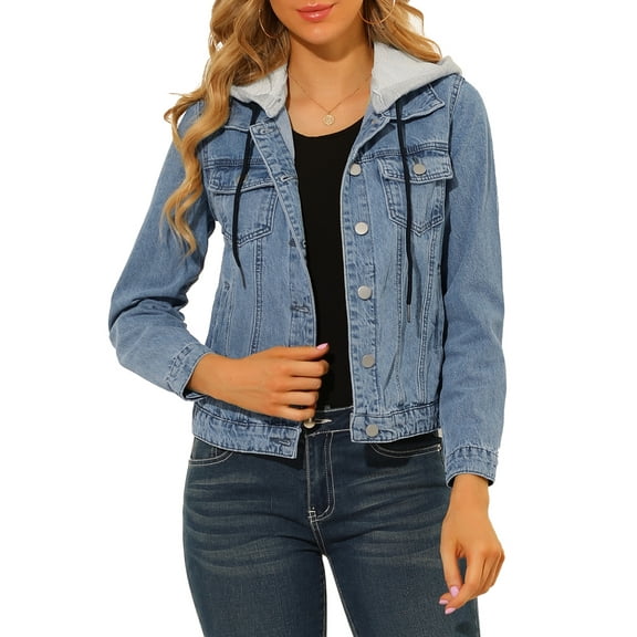 INSPIRE CHIC Women's Removable Hood Trucker Button up Denim Jacket Blue M