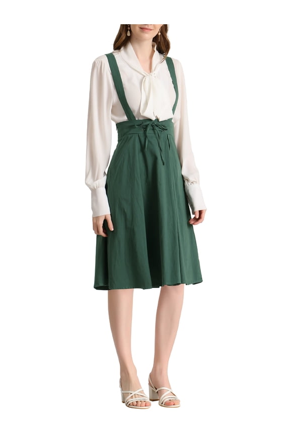 Women's Cute Suspender Skirt High Waist Overall Corset Skater Short Mini Skirt L Dark Green