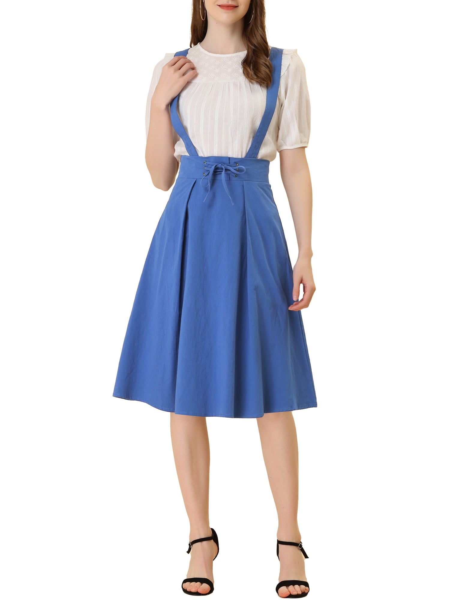 SOLY HUX Women's Suspenders Skirt - Pleated High Waisted A-Line Mini Skater Skirt With Straps
