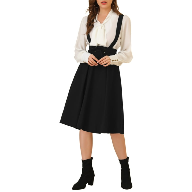 Allegra K Women's Retro Elastic Waist Braces Suspender Pleated Midi Skirt