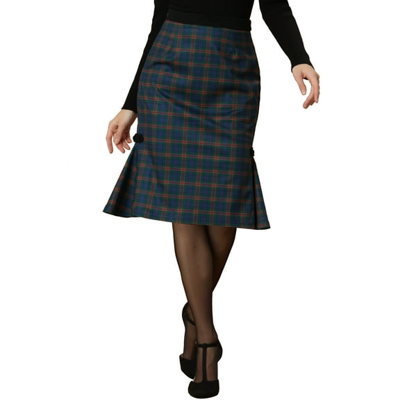 INSPIRE CHIC Women's Retro Plaid Print Fishtail Mermaid Midi Skirt Blue Green XS
