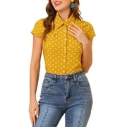 Allegra K Women's Retro Point Collar Short Sleeve Polka Dots Summer Top Shirts