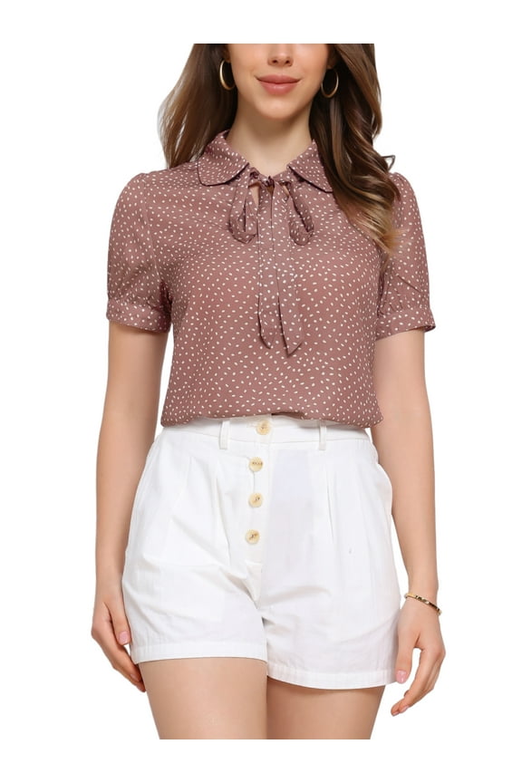 Women's Retro Print Short Sleeve Bow Tie Peter Pan Collar Chiffon Blouse M Dark Pink-Dots