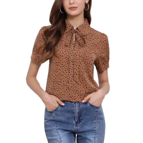 INSPIRE CHIC Women's Back to School Retro Print Short Sleeve Bow Tie Peter Pan Collar Chiffon Blouse M Light Brown-Dots