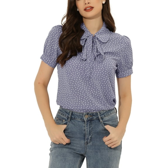 INSPIRE CHIC Women's Retro Print Short Sleeve Bow Tie Peter Pan Collar Chiffon Blouse M Light Purple-Dots