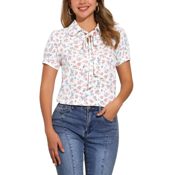 INSPIRE CHIC Women's Retro Print Short Sleeve Bow Tie Peter Pan Collar Chiffon Blouse S White-Floral
