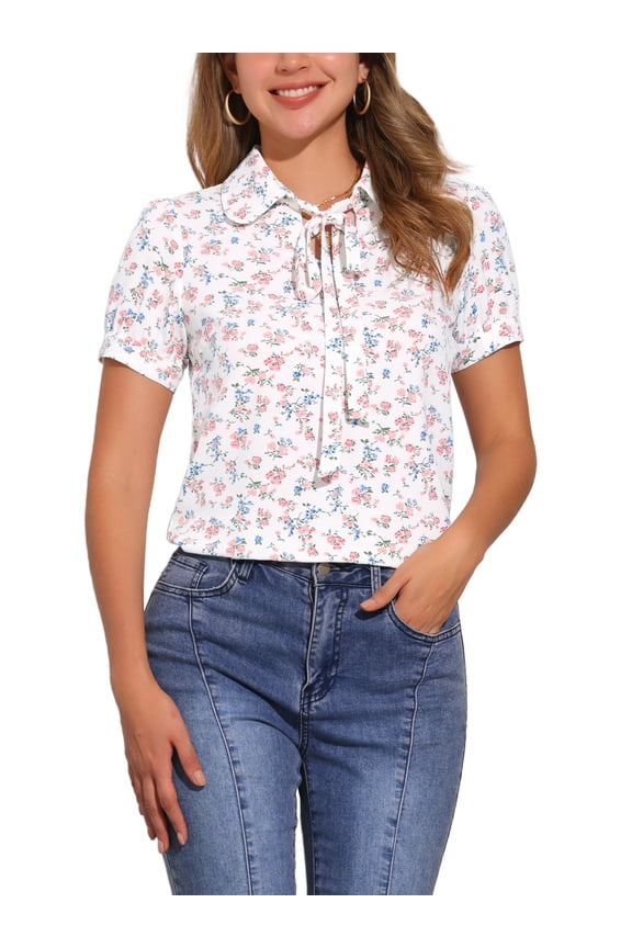 Women's Retro Print Short Sleeve Bow Tie Peter Pan Collar Chiffon Blouse XL White-Floral